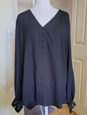 Express Black V-Neck Button-Front Long Sleeve Blouse with Embellished Cuffs